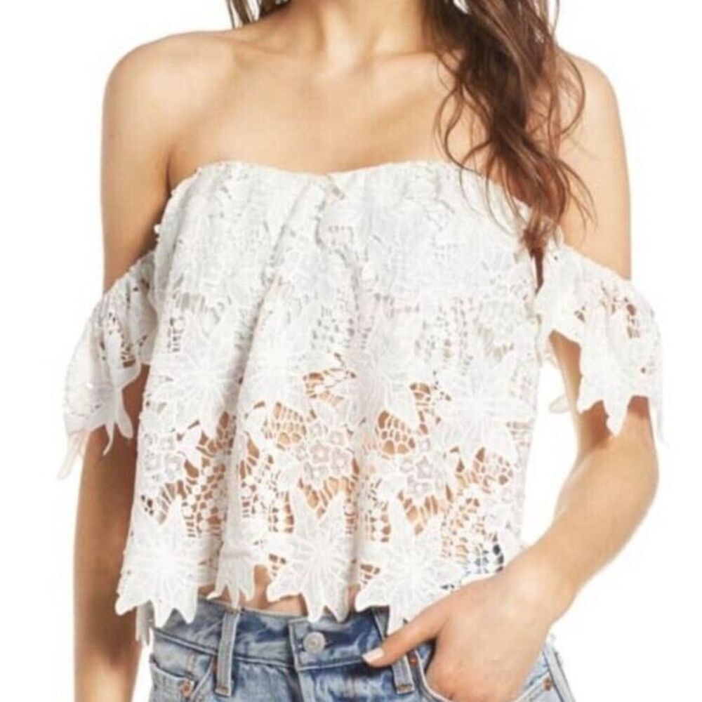 ASTR The Label Crop Top Size XS White Lace Adela Off Should Flutter Sleeve